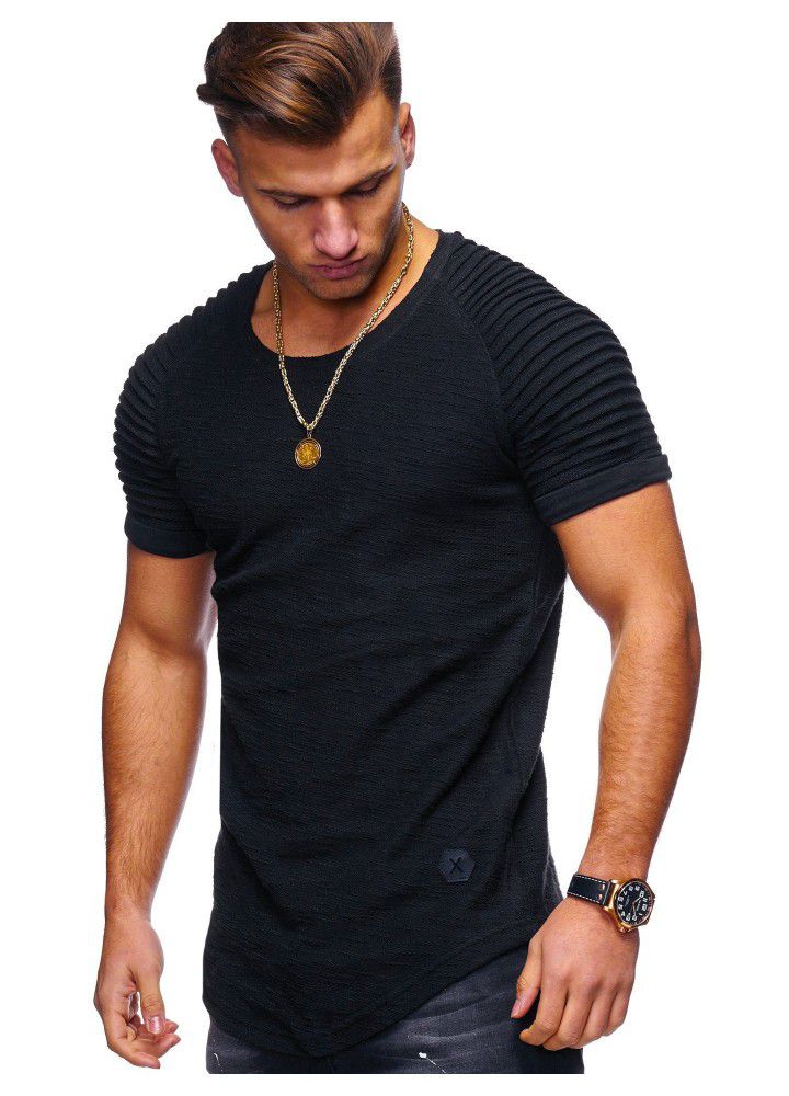 2019 summer new men's T-shirt stripe pleated raglan sleeve design round neck Pullover short sleeve factory direct supply