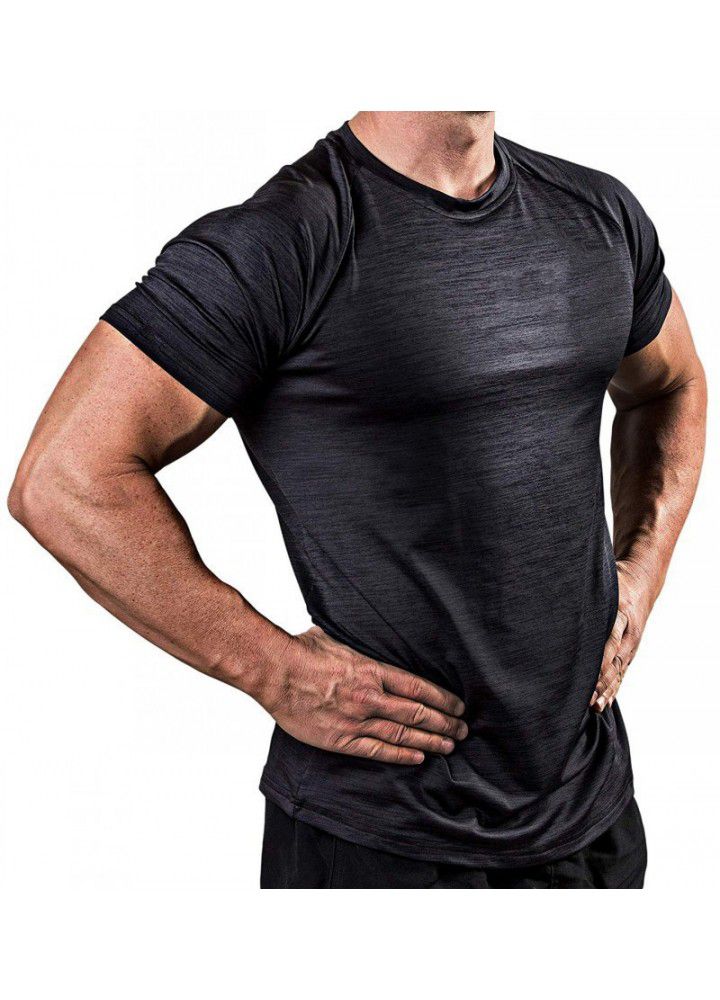 Amazon cross border solid color European and American fitness clothes men's fast drying and breathable training high elastic tights short sleeve sports T-shirt