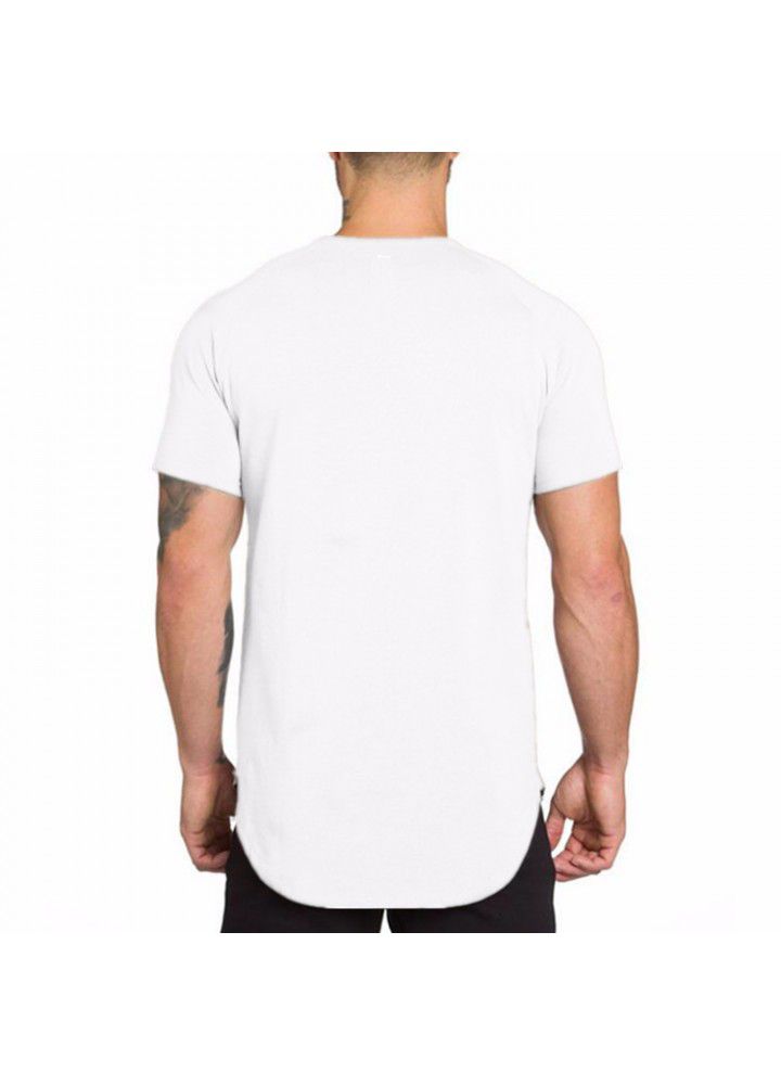 Foreign trade solid color blank fitness men's long breathable sports T-shirt fashionable men's slim summer fitness short sleeve men's