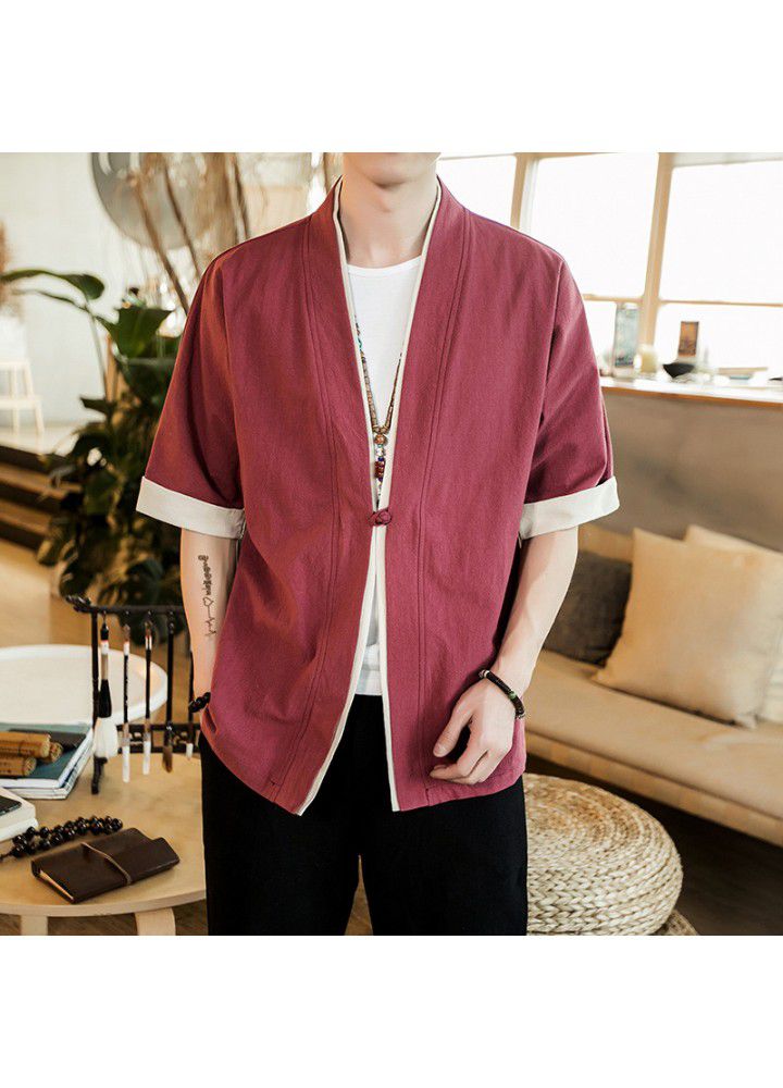 Foreign trade Amazon Chinese style coat 5-sleeve men's Tang suit retro button cardigan kimono ancient Zen suit
