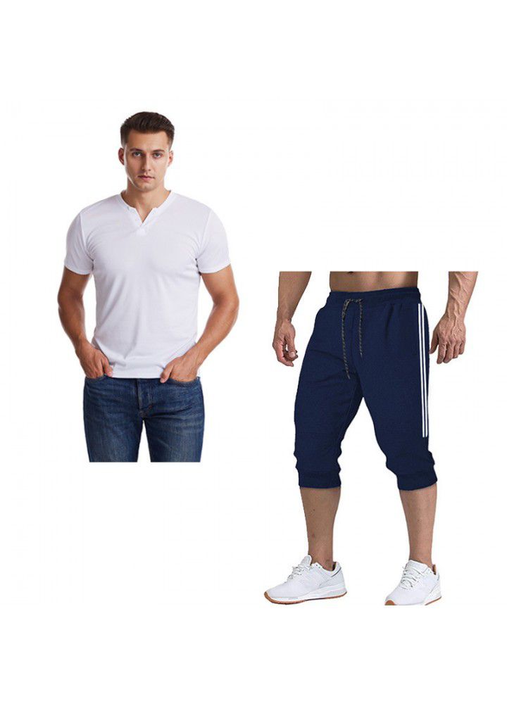 2020 summer cross border foreign trade men's V-neck slim short sleeve T-shirt color matching 7-point pants suit 
