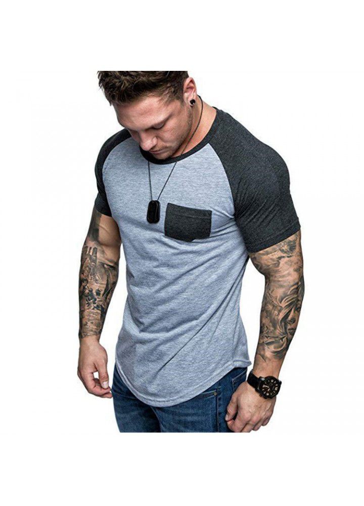 Amazon cross border new European and American men's raglan sleeve patch bag color matching fashion sports short sleeve manufacturer direct sales