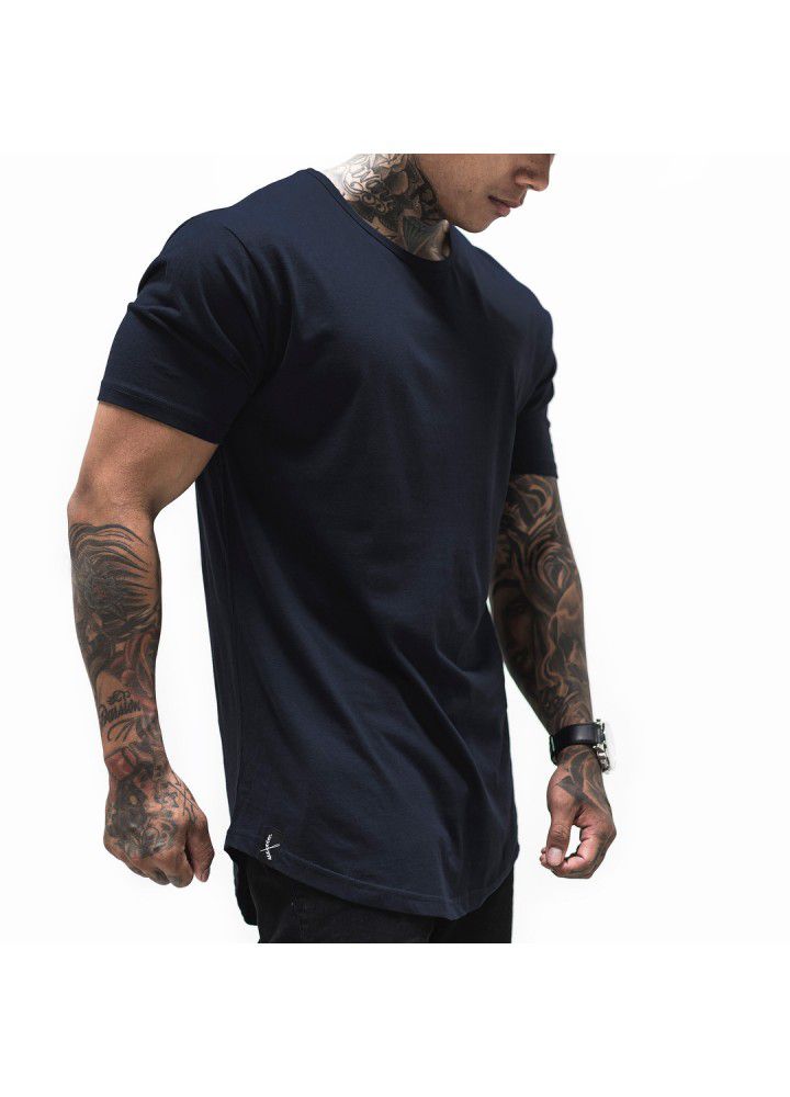 Foreign trade cotton large size muscle short sleeve men's smooth plate round neck sports European and American T-shirt arc hem fitness clothes