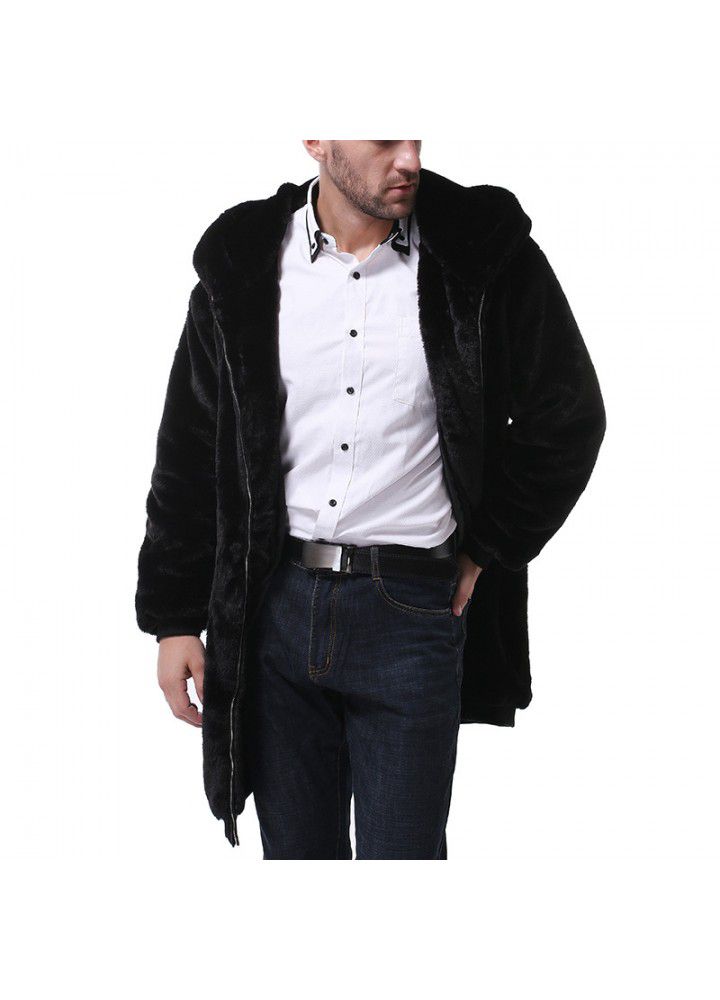 Cross border wish foreign trade new men's mid long Plush coat fashion men's hooded Plush windbreaker coat