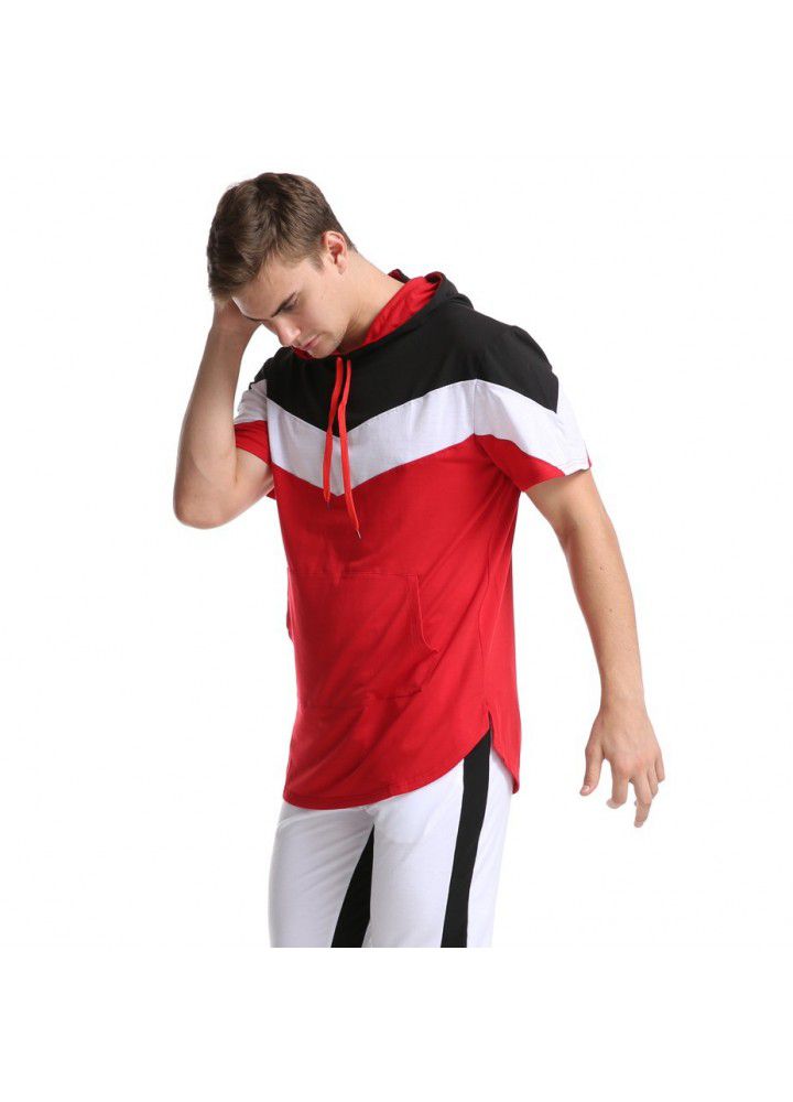 Cross border hot spring men's wear Europe and America color matching men's T-shirt three color stitching hooded short sleeve base shirt in 2020