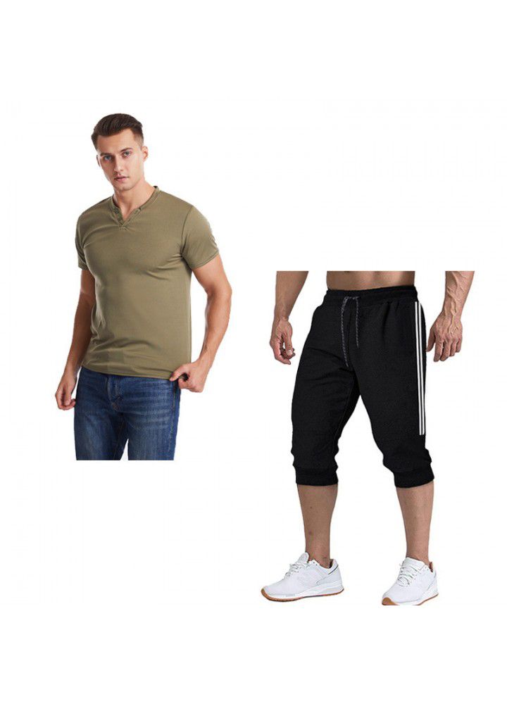 2020 summer cross border foreign trade men's V-neck slim short sleeve T-shirt color matching 7-point pants suit 