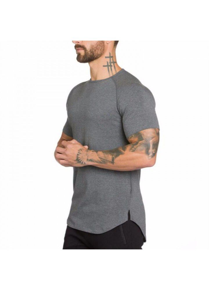 Foreign trade solid color blank fitness men's long breathable sports T-shirt fashionable men's slim summer fitness short sleeve men's