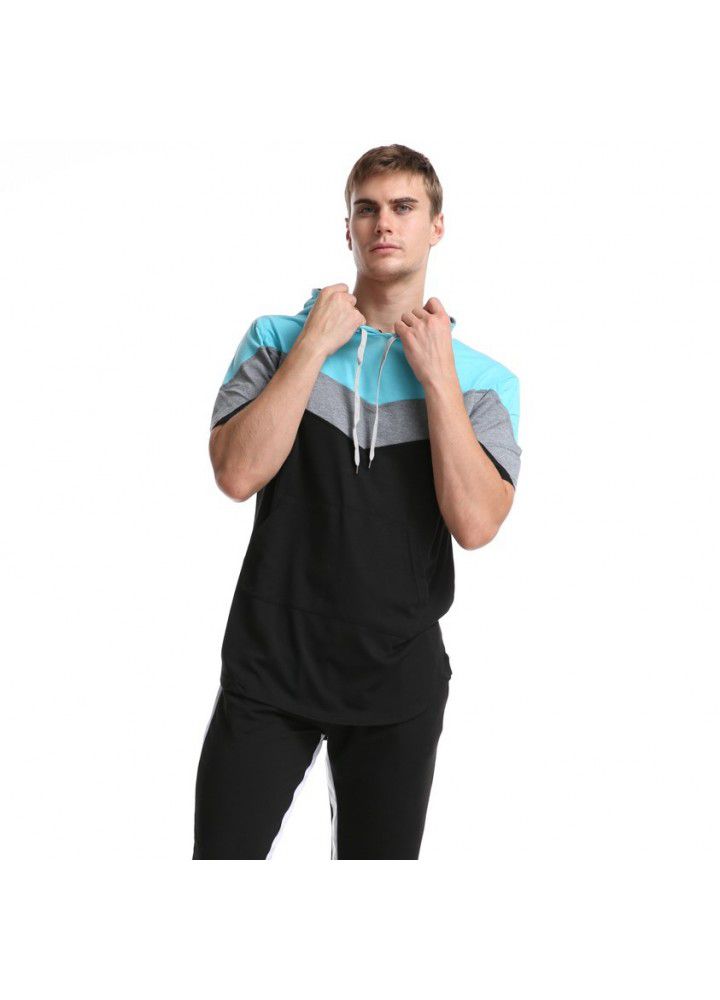 Cross border hot spring men's wear Europe and America color matching men's T-shirt three color stitching hooded short sleeve base shirt in 2020