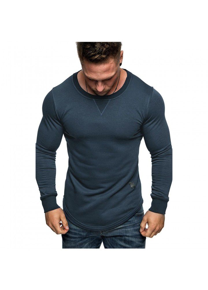 2020 foreign trade men's solid color round neck long sleeve T-shirt splicing personality European and American style long T-shirt European and American size casual wear