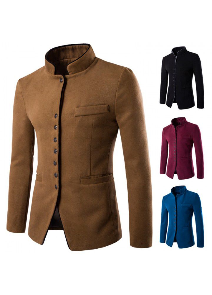 Autumn and winter 2020 new young business men's tweed casual single breasted stand collar Zhongshan jacket