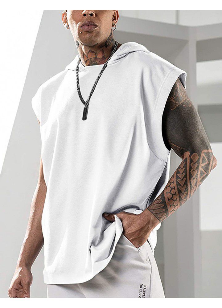 2021 summer men's fitness training Pullover sports leisure European and American fashion sleeve Hooded Vest loose solid color vest
