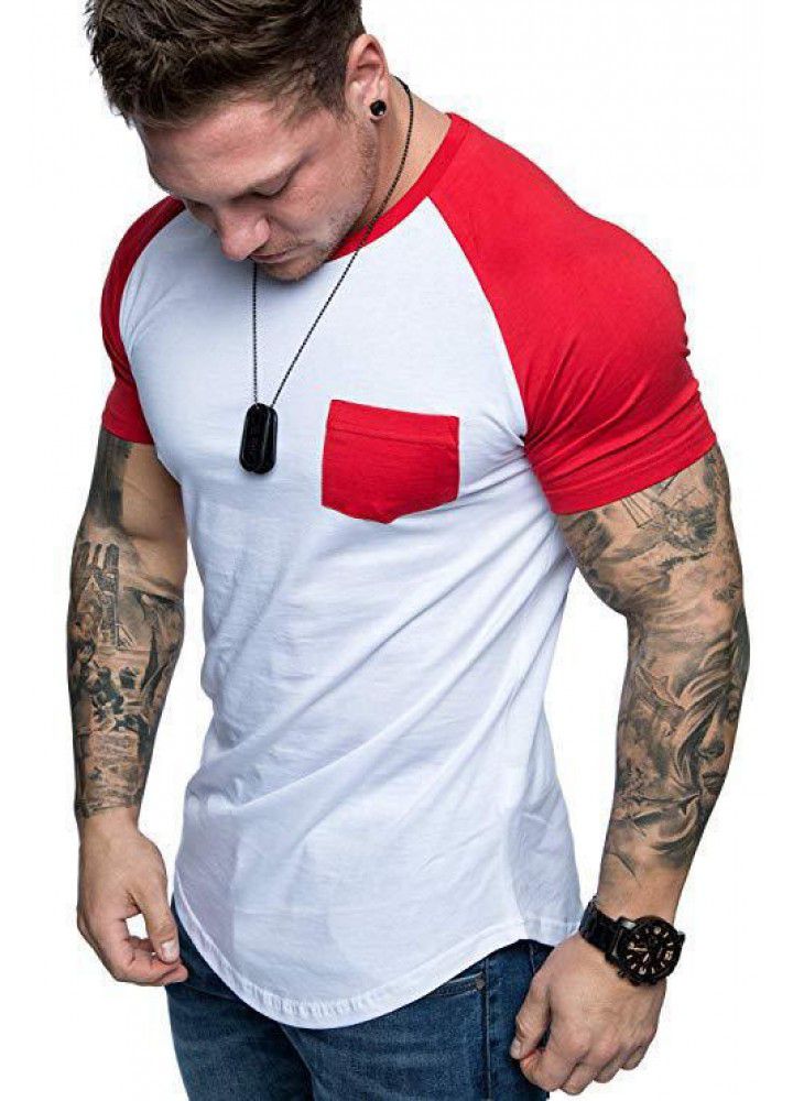 Amazon cross border new European and American men's raglan sleeve patch bag color matching fashion sports short sleeve manufacturer direct sales