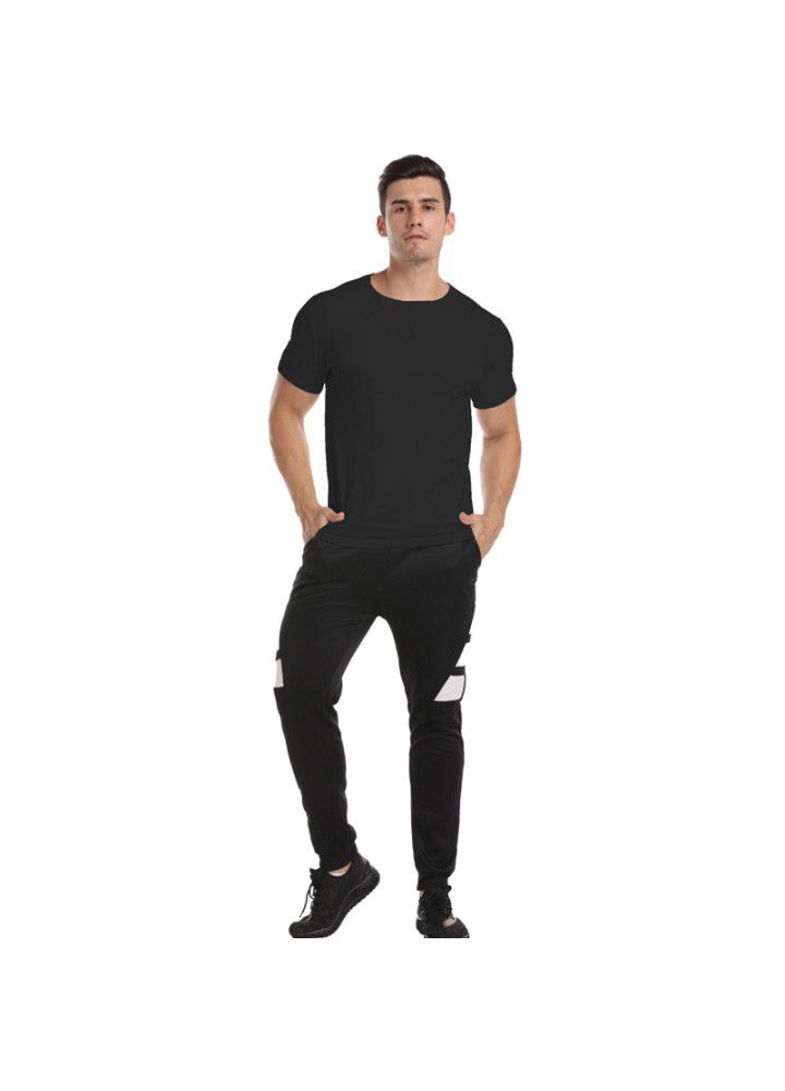 Summer new men's casual European and American men's T-shirt set solid round neck men's T-shirt + color matching sports pants