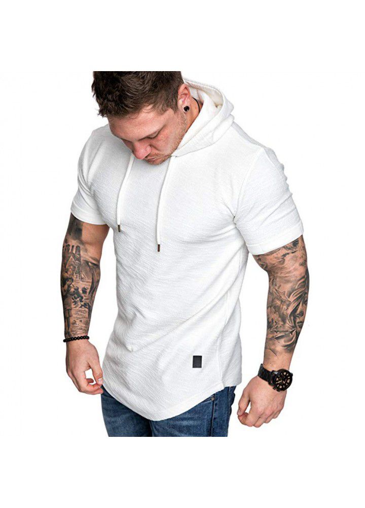 Amazon foreign trade new men's slub cotton T-shirt Hoodie leisure sports short sleeve t-shirt men's short sleeve