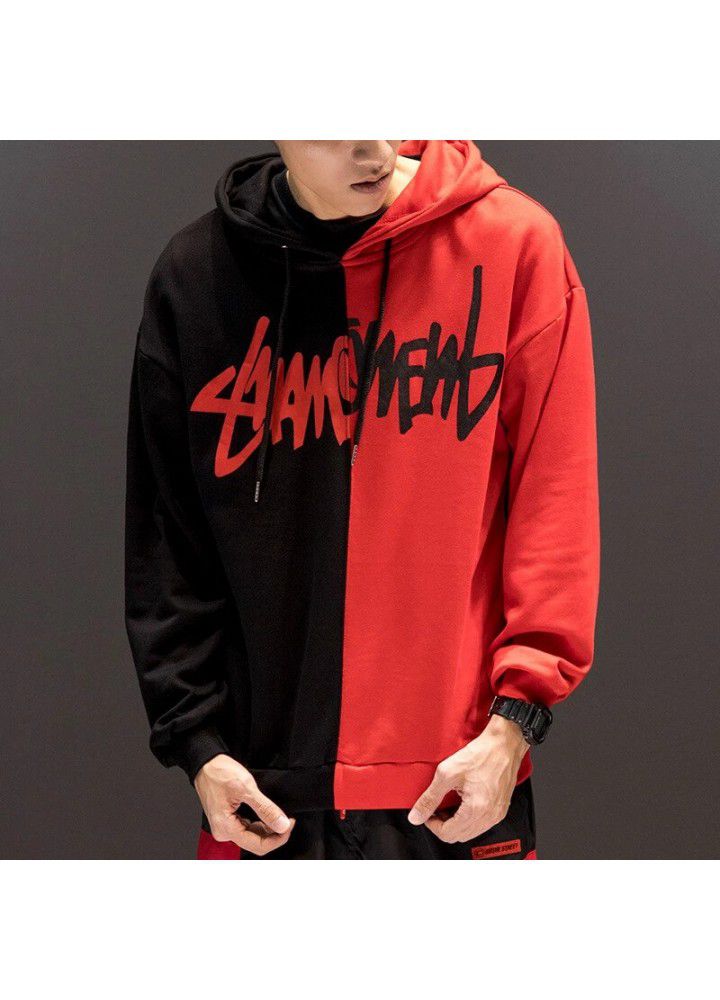 Cross border new stitching scratch printed Hoodie men's hip hop Street Pullover men's casual sweater