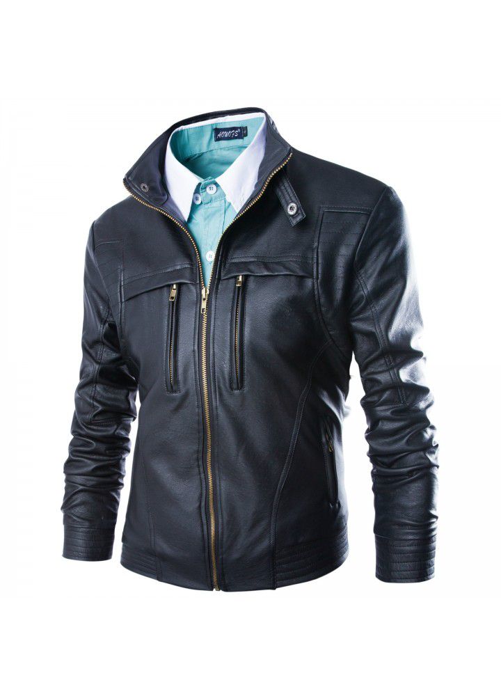 Autumn and winter 2019 new men's foreign trade m-4xl large men's stand collar leather jacket men's stand collar leather jacket