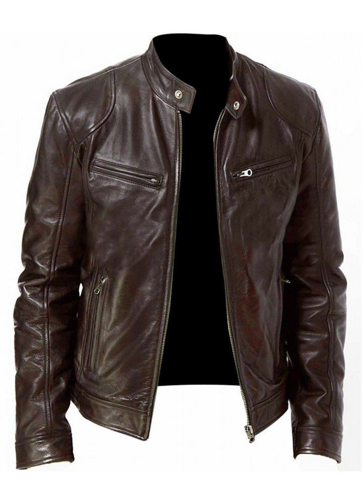 Foreign trade winter business gentleman zipper cardigan pocket decoration PU leather collar slim leather jacket