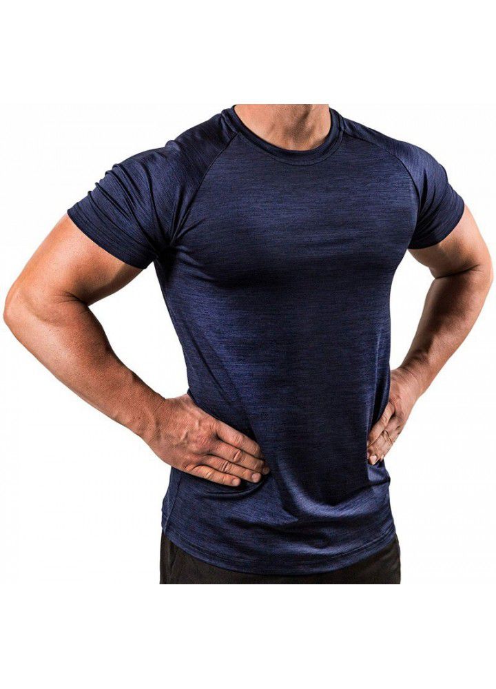 Amazon cross border solid color European and American fitness clothes men's fast drying and breathable training high elastic tights short sleeve sports T-shirt
