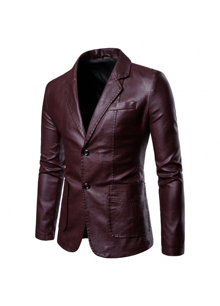 Foreign trade Amazon new men's slim Lapel versatile Pu Blazer men's Lapel leather suit men's coat