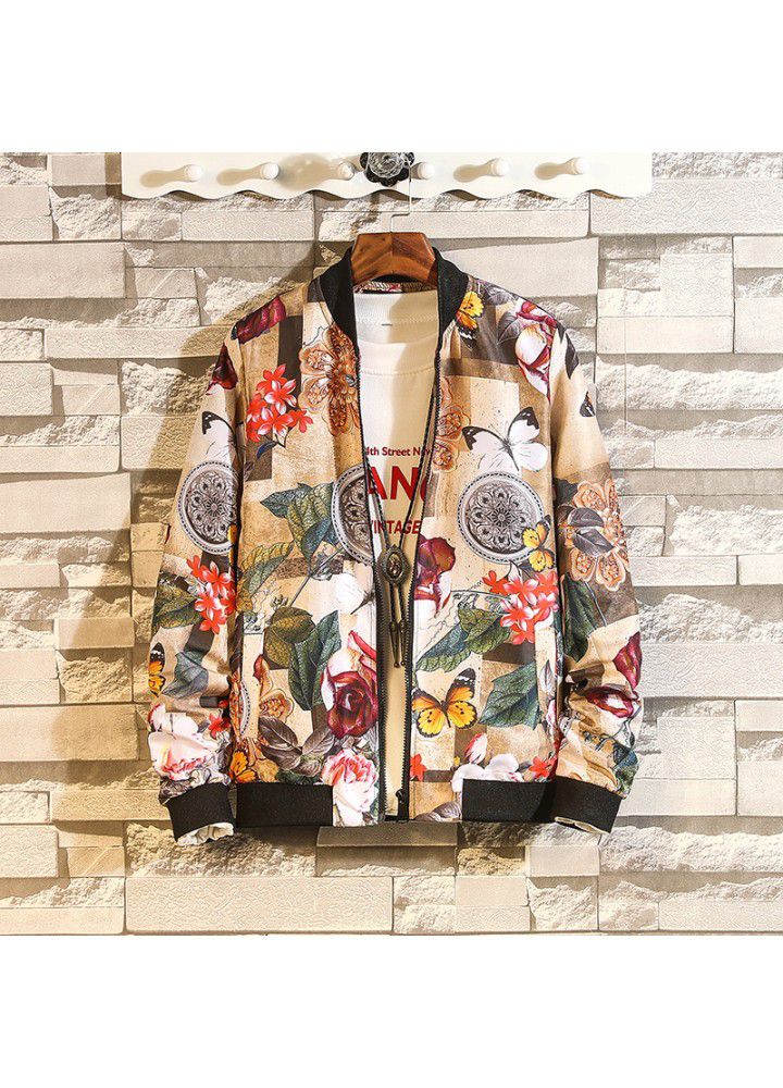 2020 spring and autumn new foreign trade Amazon printed jacket men's fattening plus size casual stand collar jacket trendy men