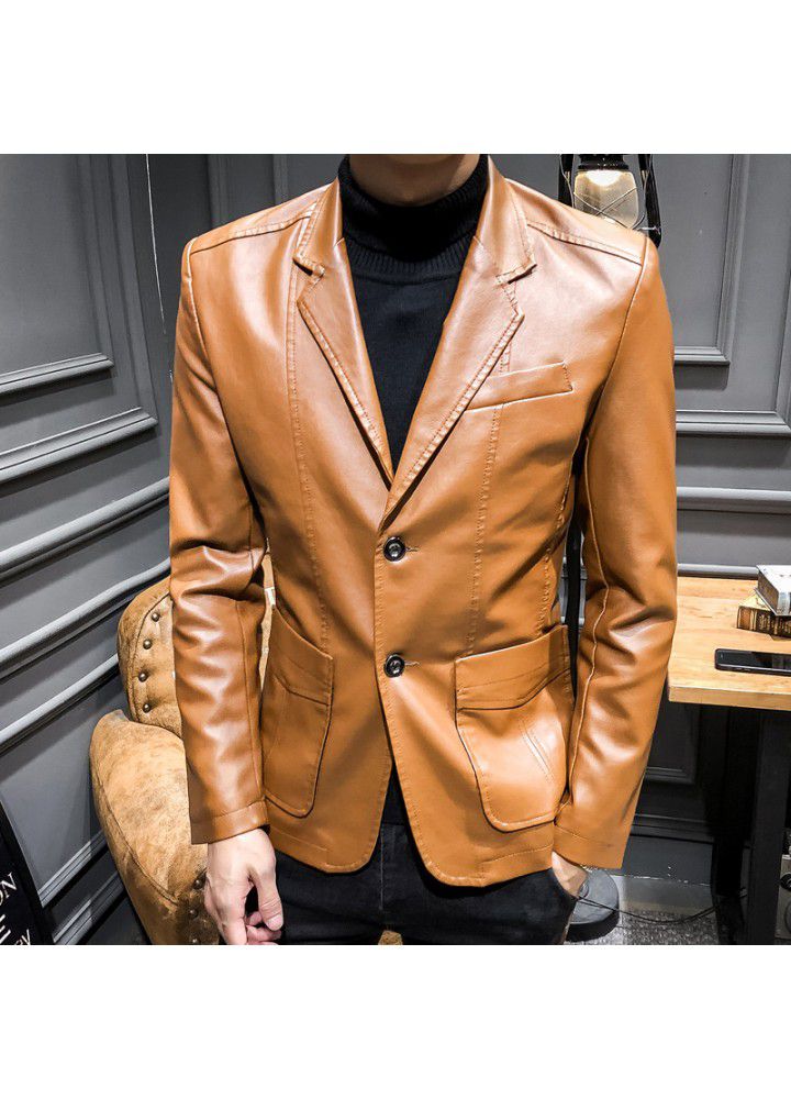 2019 spring new suit collar PU leather suit men's slim Lapel casual suit coat leather jacket men