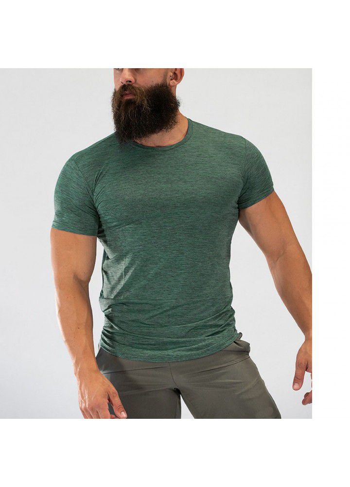 Cross border men's summer high elastic fitness running exercise round neck men's T-shirt leisure fashion brand sports short sleeve