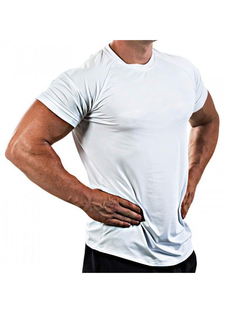 Amazon cross border solid color European and American fitness clothes men's fast drying and breathable training high elastic tights short sleeve sports T-shirt