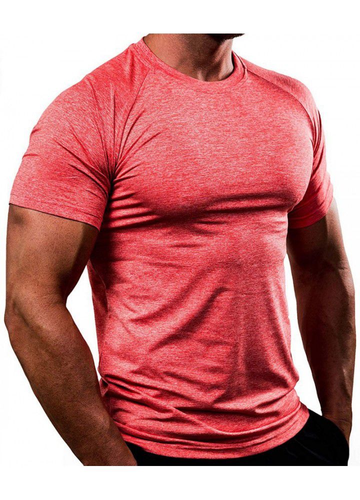 Amazon cross border solid color European and American fitness clothes men's fast drying and breathable training high elastic tights short sleeve sports T-shirt