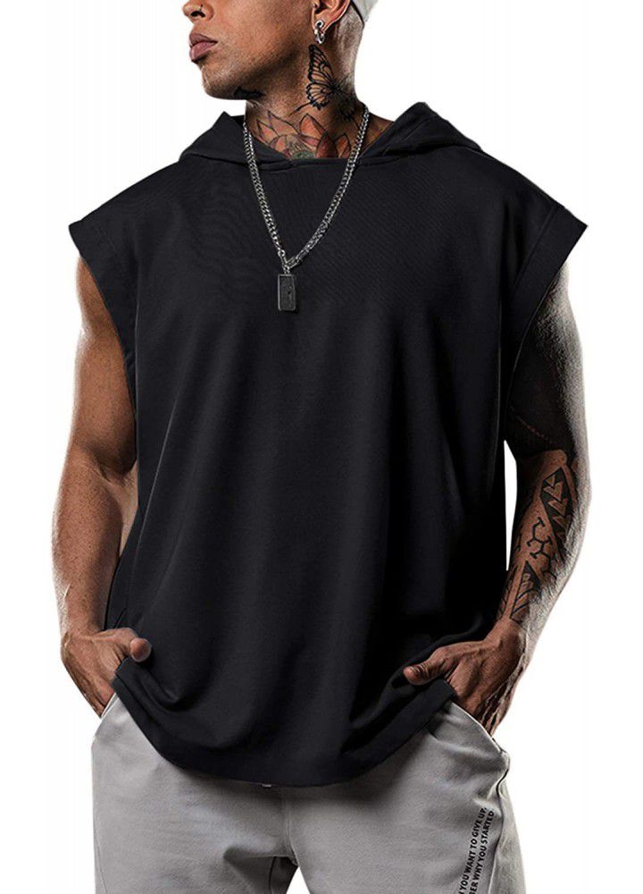 2021 summer men's fitness training Pullover sports leisure European and American fashion sleeve Hooded Vest loose solid color vest