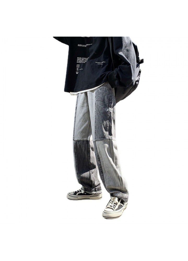 Autumn fashion brand ins splicing wide leg jeans men's Korean version straight tube loose youth trend casual pants