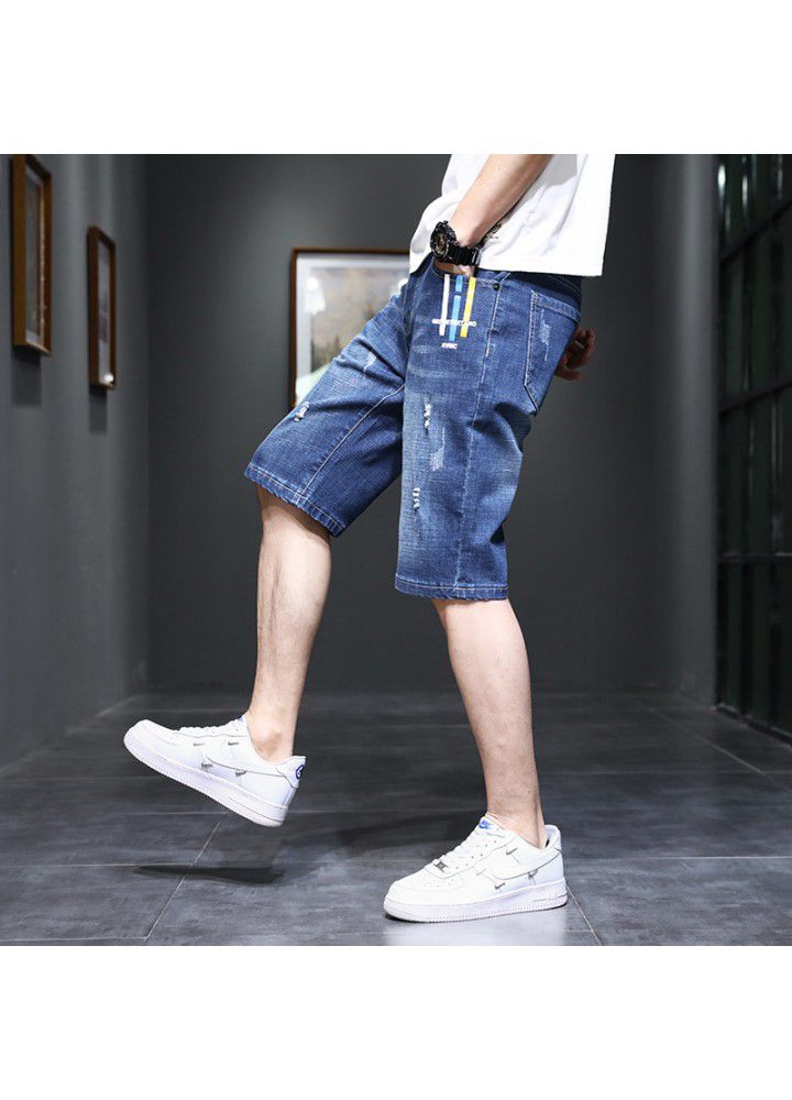 Thin denim shorts men's Korean casual slim simple straight elastic denim pants men's fashion