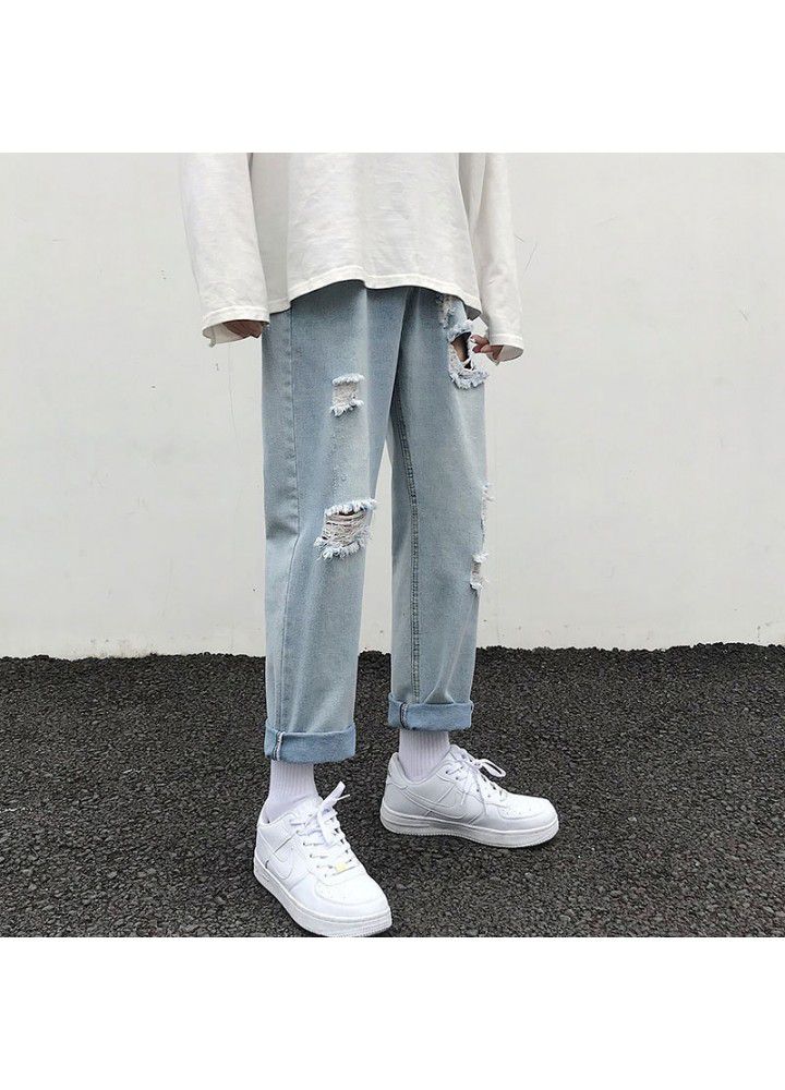 Net red nine point jeans men's ruffian handsome hole men's pants loose wide leg Korean fashion beggars straight pants