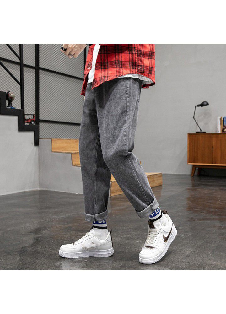 Men's jeans 2021 four seasons Korean mid waist casual spot youth ordinary cotton springless wide leg pants pants