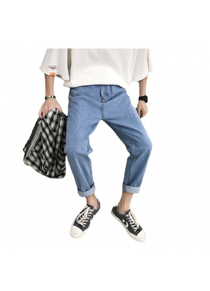 Hong Kong Style 9-point denim pants men's loose drop feeling straight tube wide leg Korean fashion summer thin daddy pants