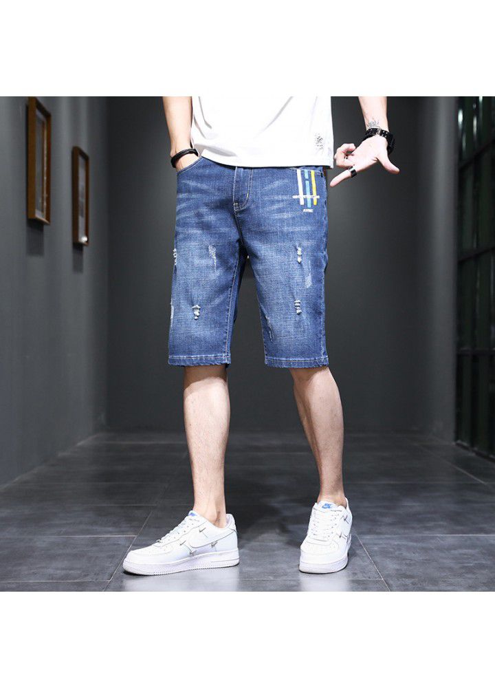 Thin denim shorts men's Korean casual slim simple straight elastic denim pants men's fashion