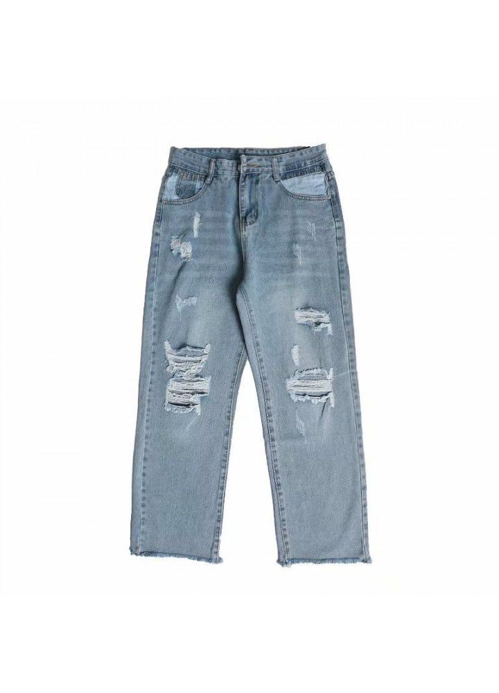 Ins student Harajuku style retro beggar hole hip hop jeans men's Hong Kong Style loose nine point straight pants