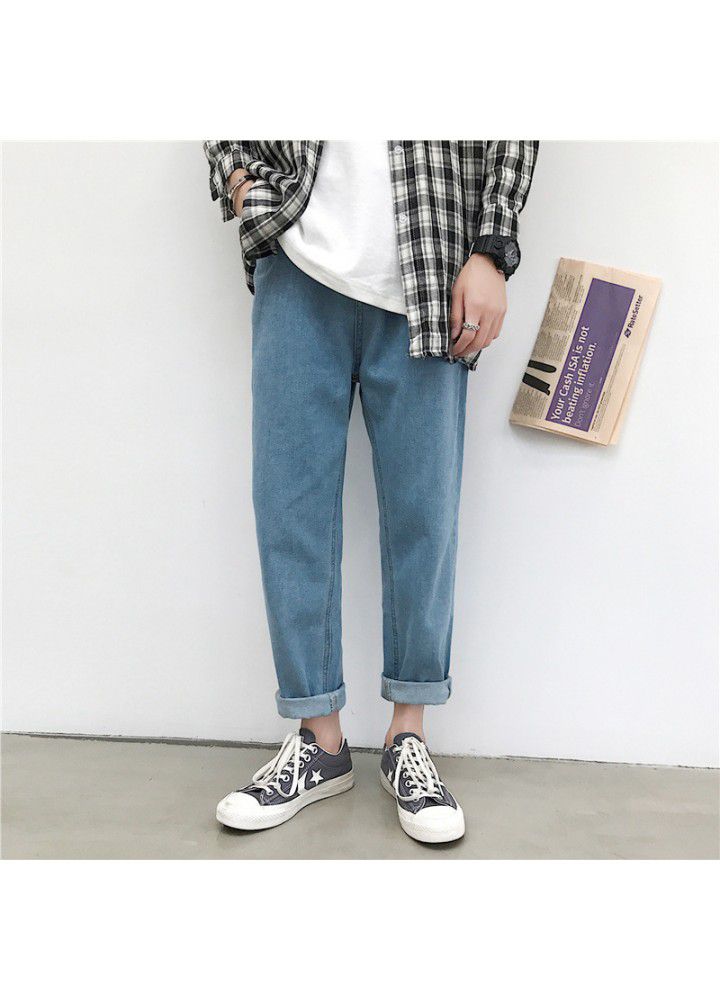 Hong Kong Style 9-point denim pants men's loose drop feeling straight tube wide leg Korean fashion summer thin daddy pants