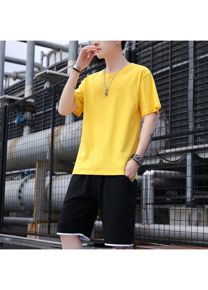 2021 summer short sleeve suit men's fashion brand pure color Xinjiang cotton loose T-Shirt Top short pants men's fashion