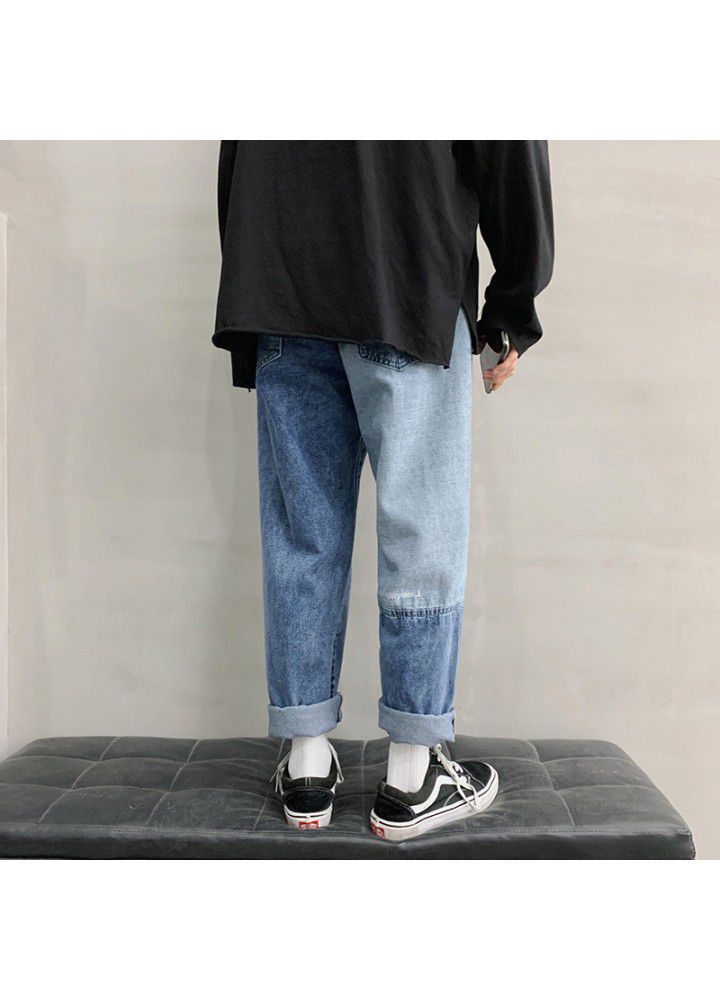 Hong Kong style color matching jeans men's fashion brand loose straight pants summer wide leg men's pants