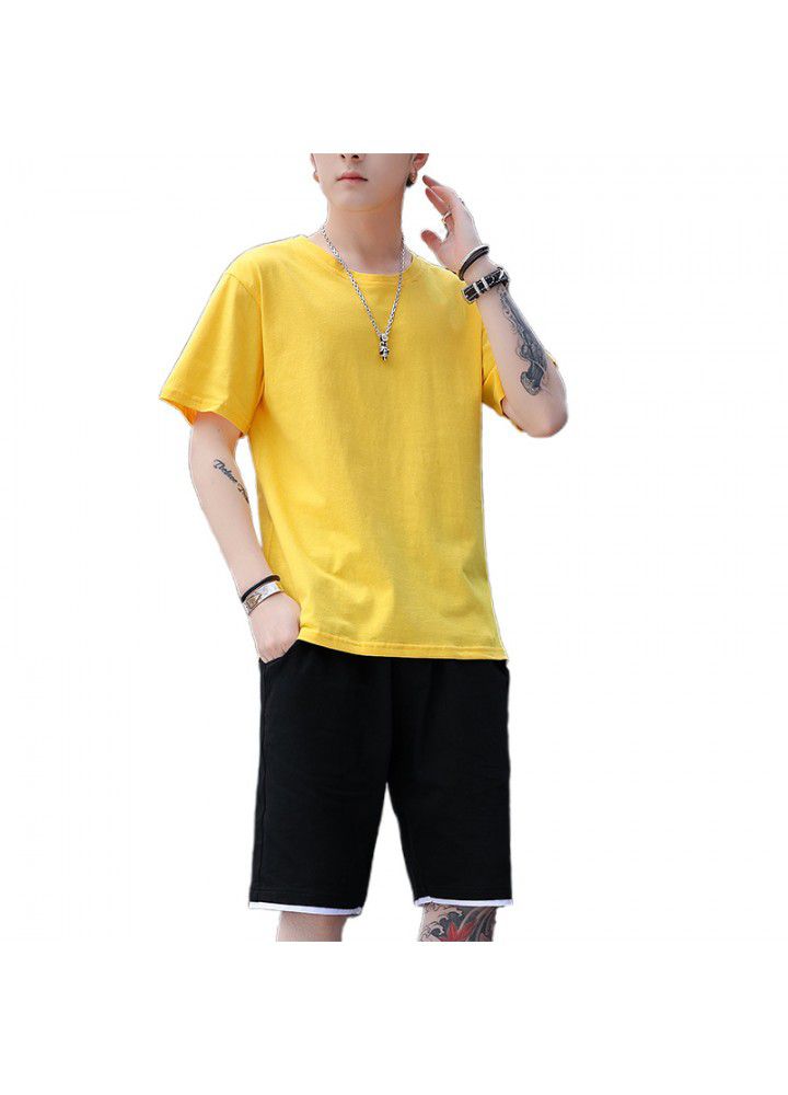 2021 summer short sleeve suit men's fashion brand pure color Xinjiang cotton loose T-Shirt Top short pants men's fashion