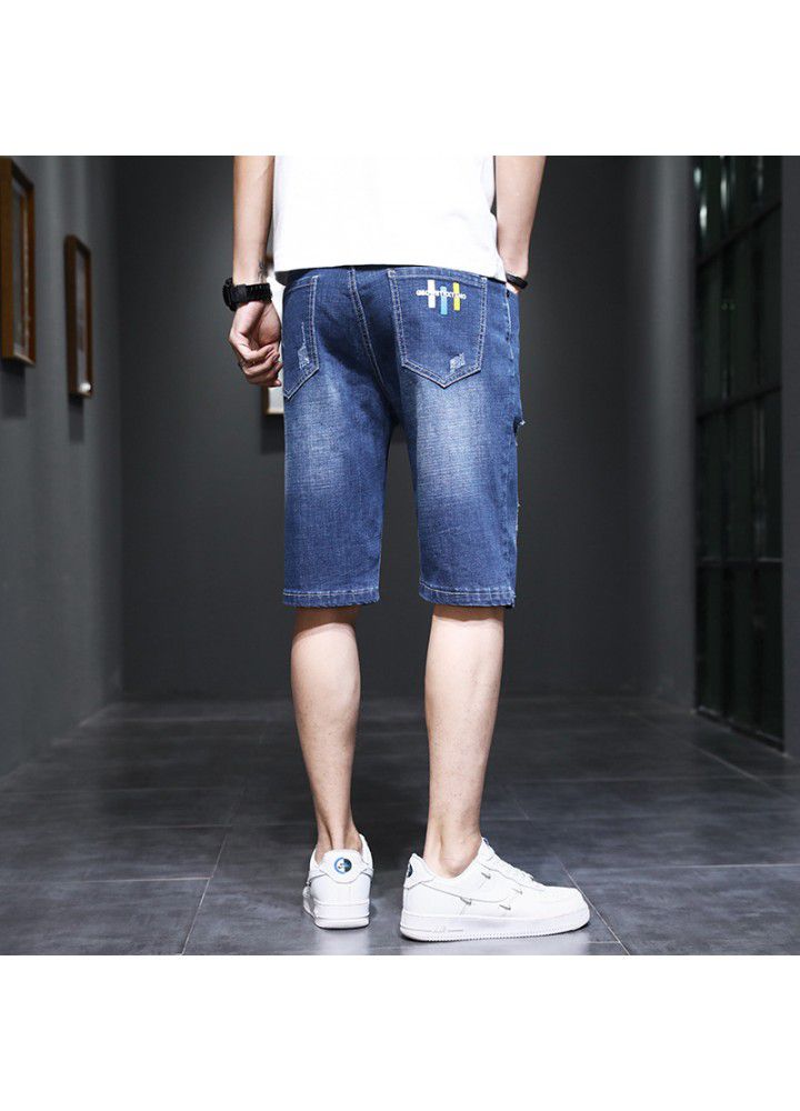 Thin denim shorts men's Korean casual slim simple straight elastic denim pants men's fashion