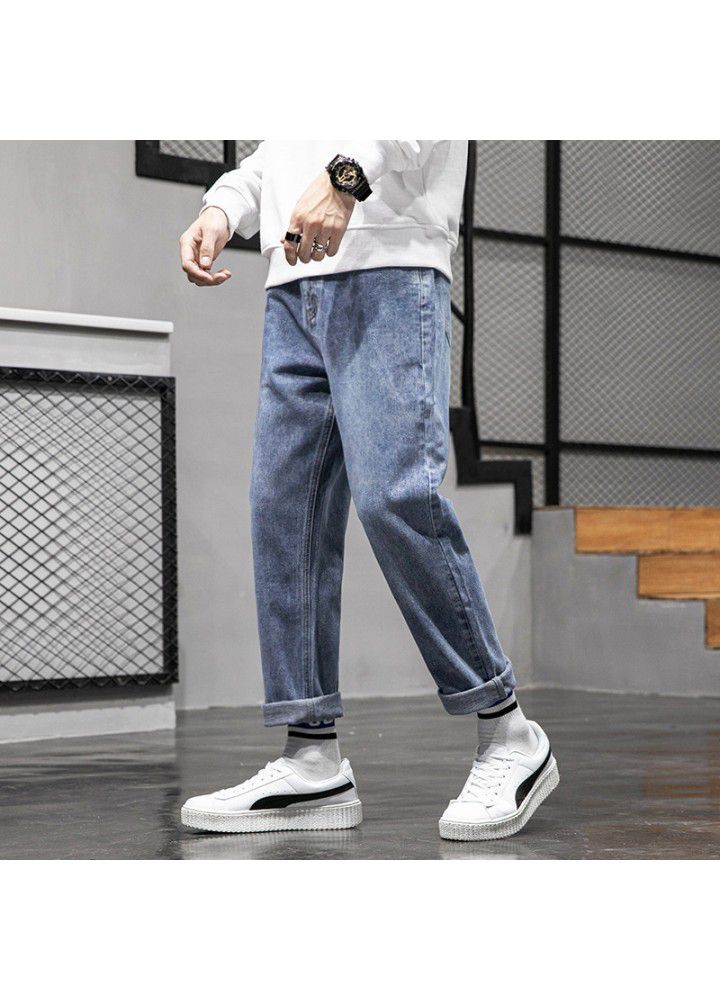 Men's jeans 2021 four seasons Korean mid waist casual spot youth ordinary cotton springless wide leg pants pants