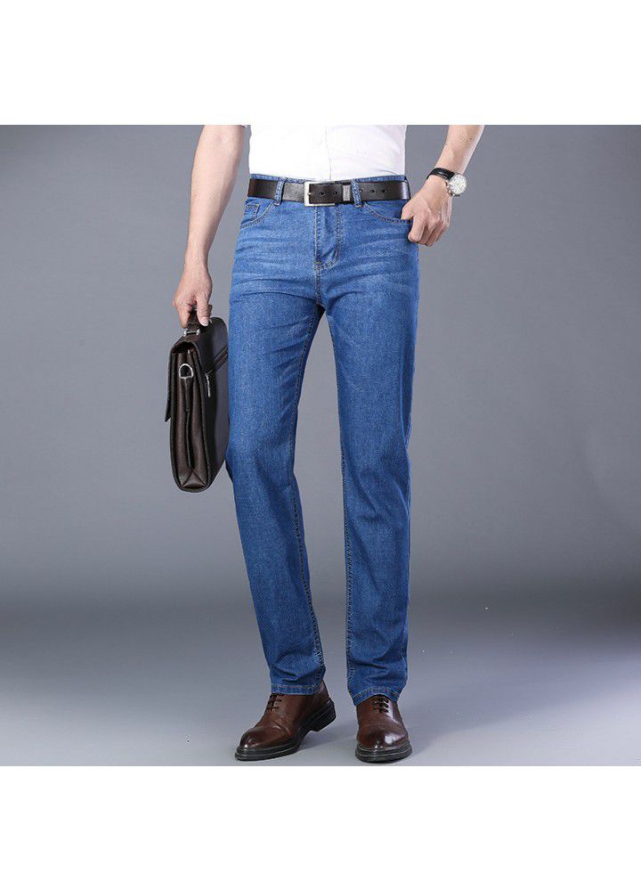 Wholesale autumn spot elastic mid waist thin blue denim youth cotton work pants men's jeans 2021