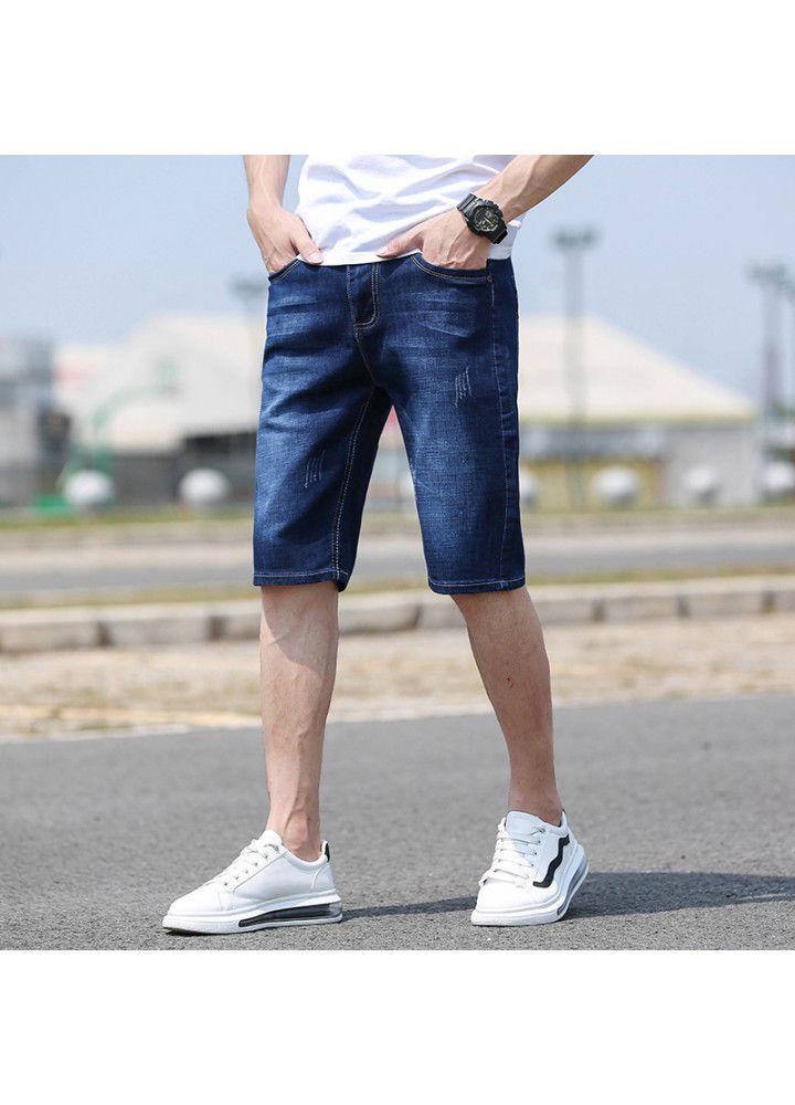 2021 summer cotton denim thin middle waist elastic washing foreign trade youth leisure spot wholesale men's Denim Shorts