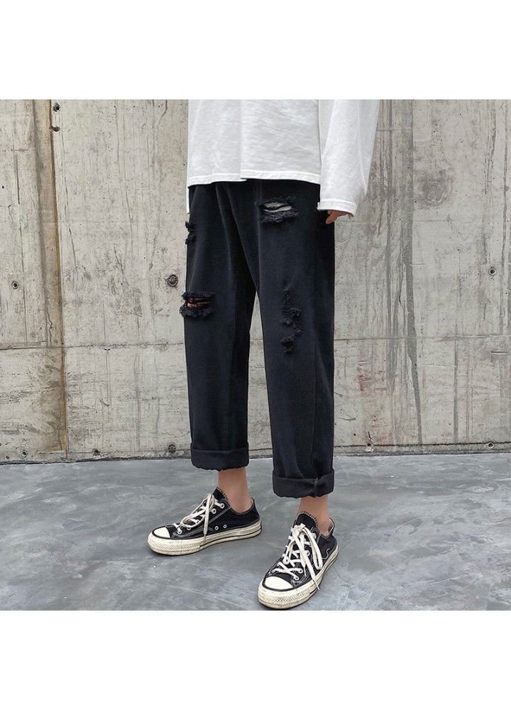 Net red nine point jeans men's ruffian handsome hole men's pants loose wide leg Korean fashion beggars straight pants