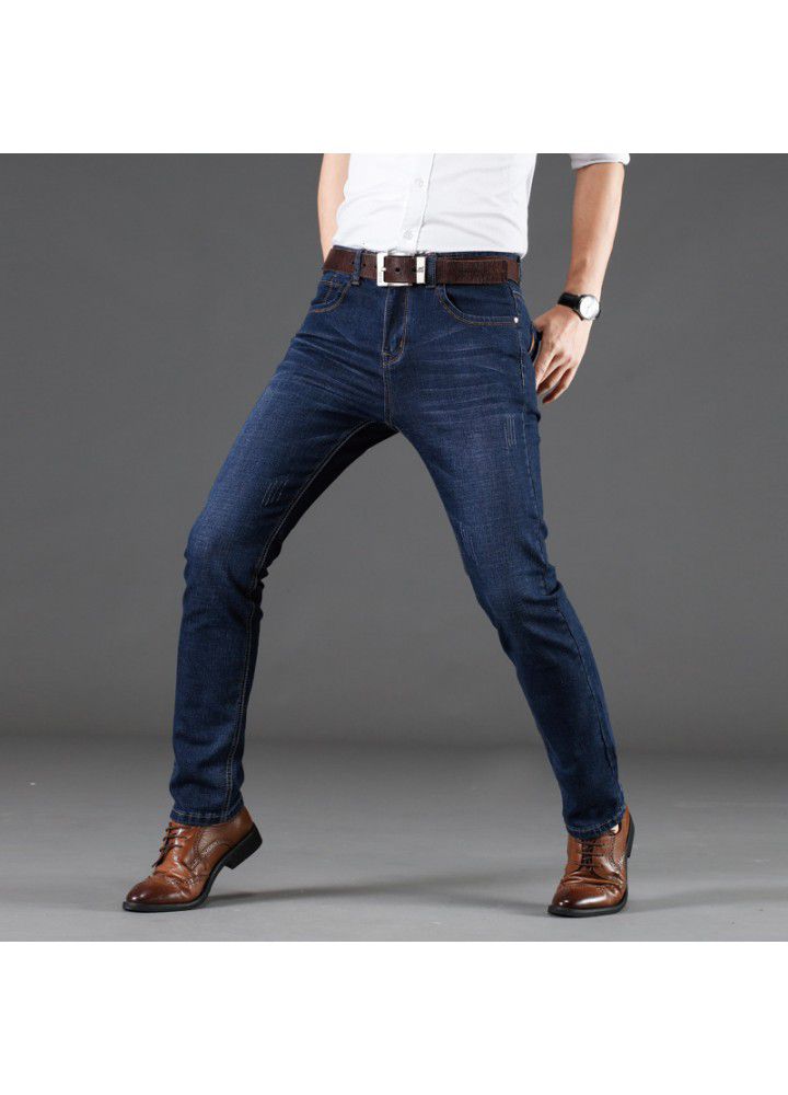 2021 new four seasons middle aged jeans men's high elastic slim loose straight pants denim one hair