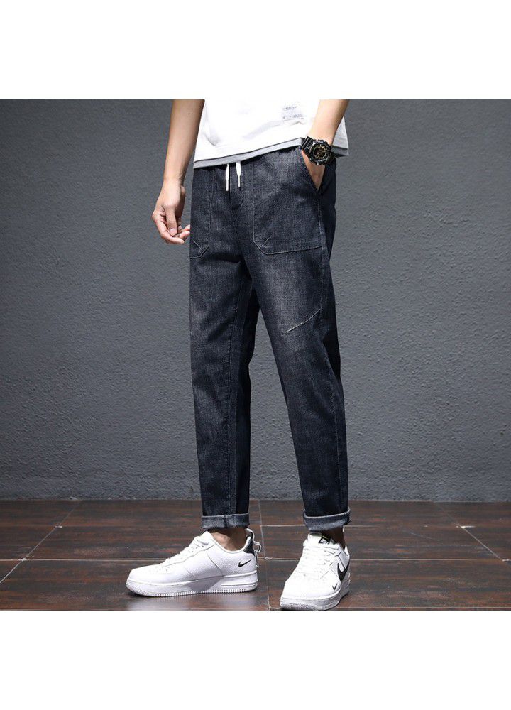 Men's thin jeans in spring and summer new elastic casual loose foreign trade washing trend mid waist quarter pants