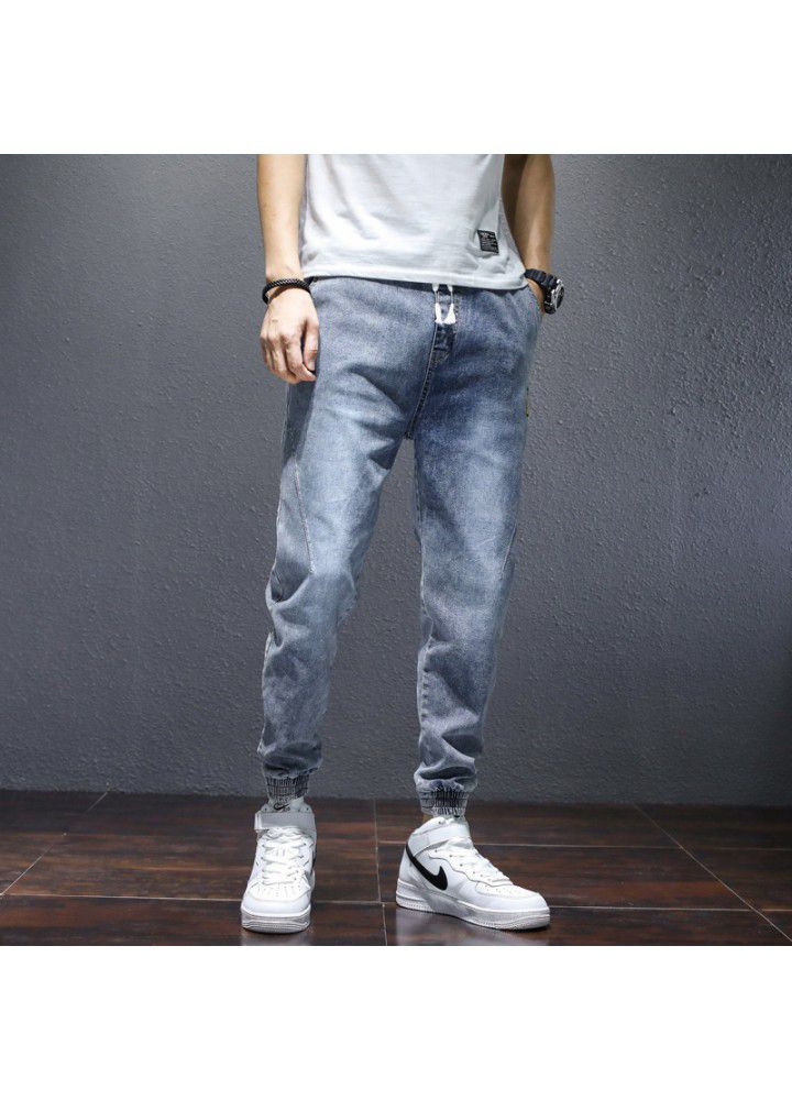 Korean fashion medium waist large size loose four seasons leisure fashion pants young men's lace up small leg jeans