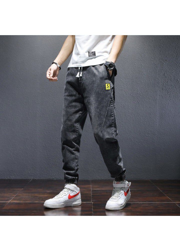 Korean fashion medium waist large size loose four seasons leisure fashion pants young men's lace up small leg jeans