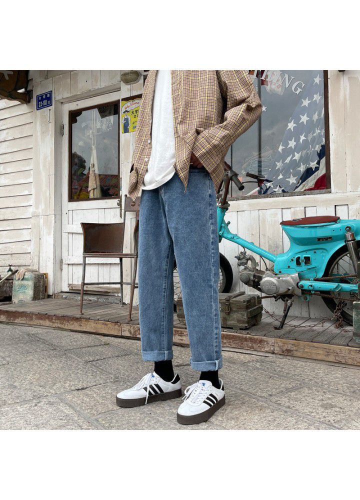 2021 spring and autumn couple Korean youth loose straight tube Street trend jeans casual Capris students